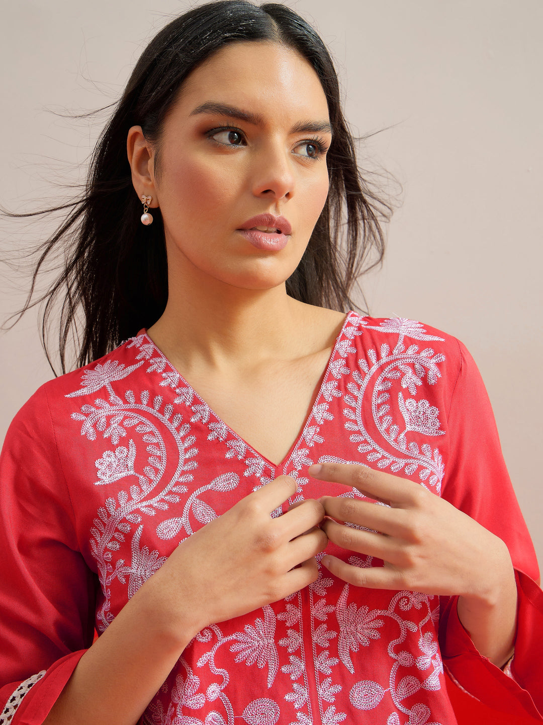 Women Red Embroidered Short Kurti With Polka Pants