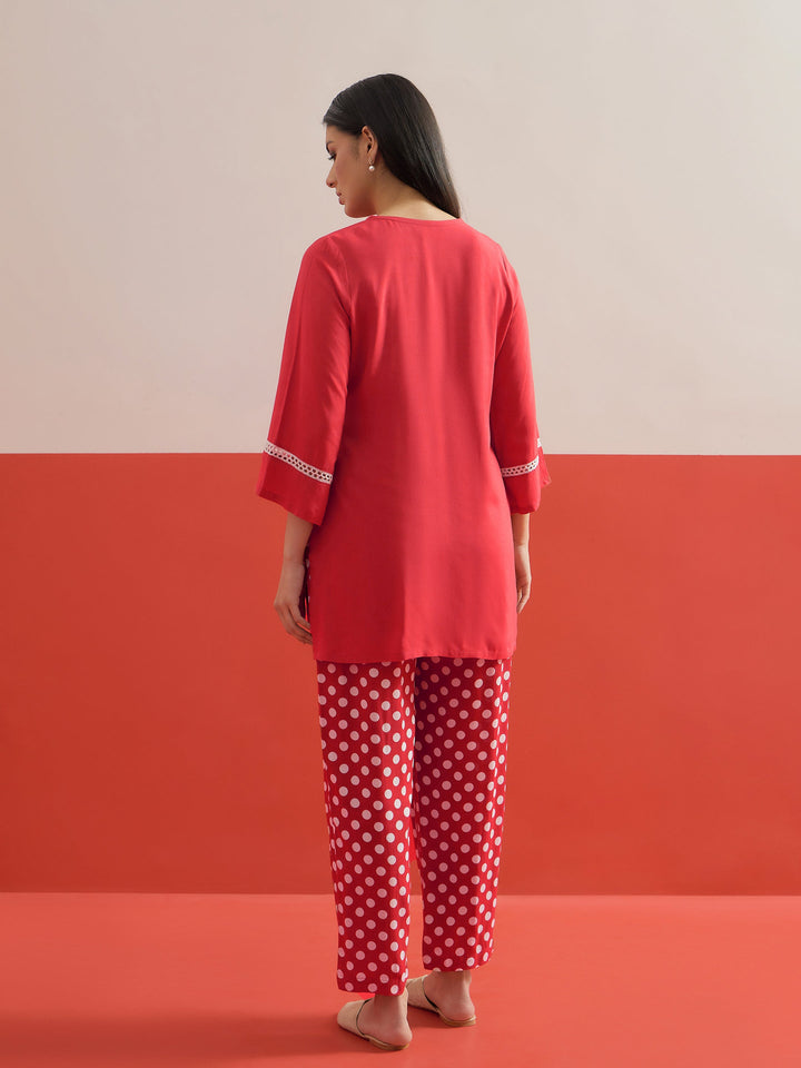 Women Red Embroidered Short Kurti With Polka Pants