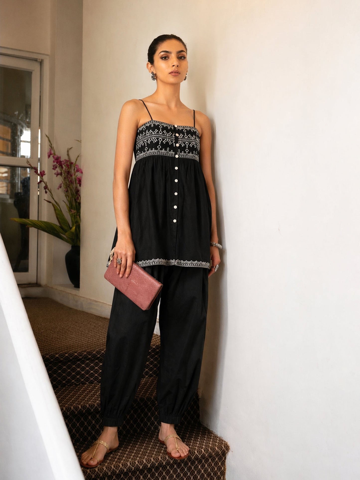 Black Embroidered Strappy Peplum Top With Balloon Pants