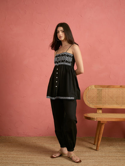 Black Embroidered Strappy Peplum Top With Balloon Pants