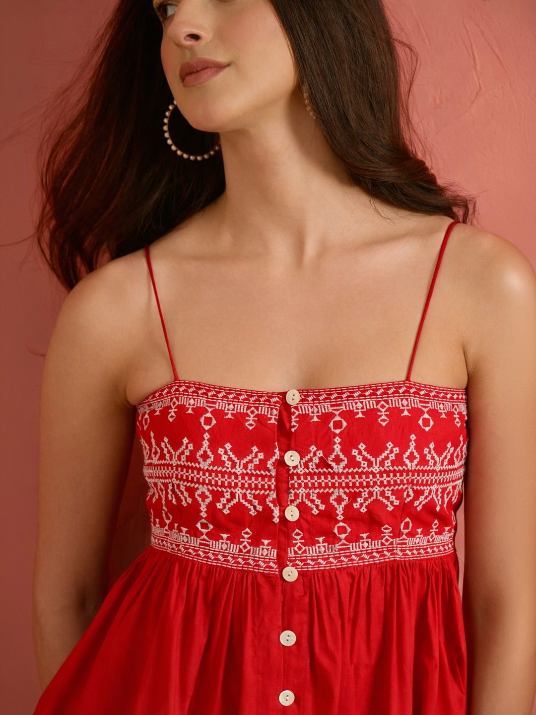 Red Embroidered Strappy Peplum Top With Balloon Pants