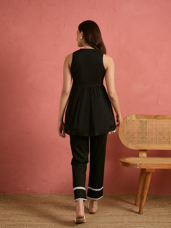 Black Embroidered Sleeveless Button Down Top With Pencil Pants