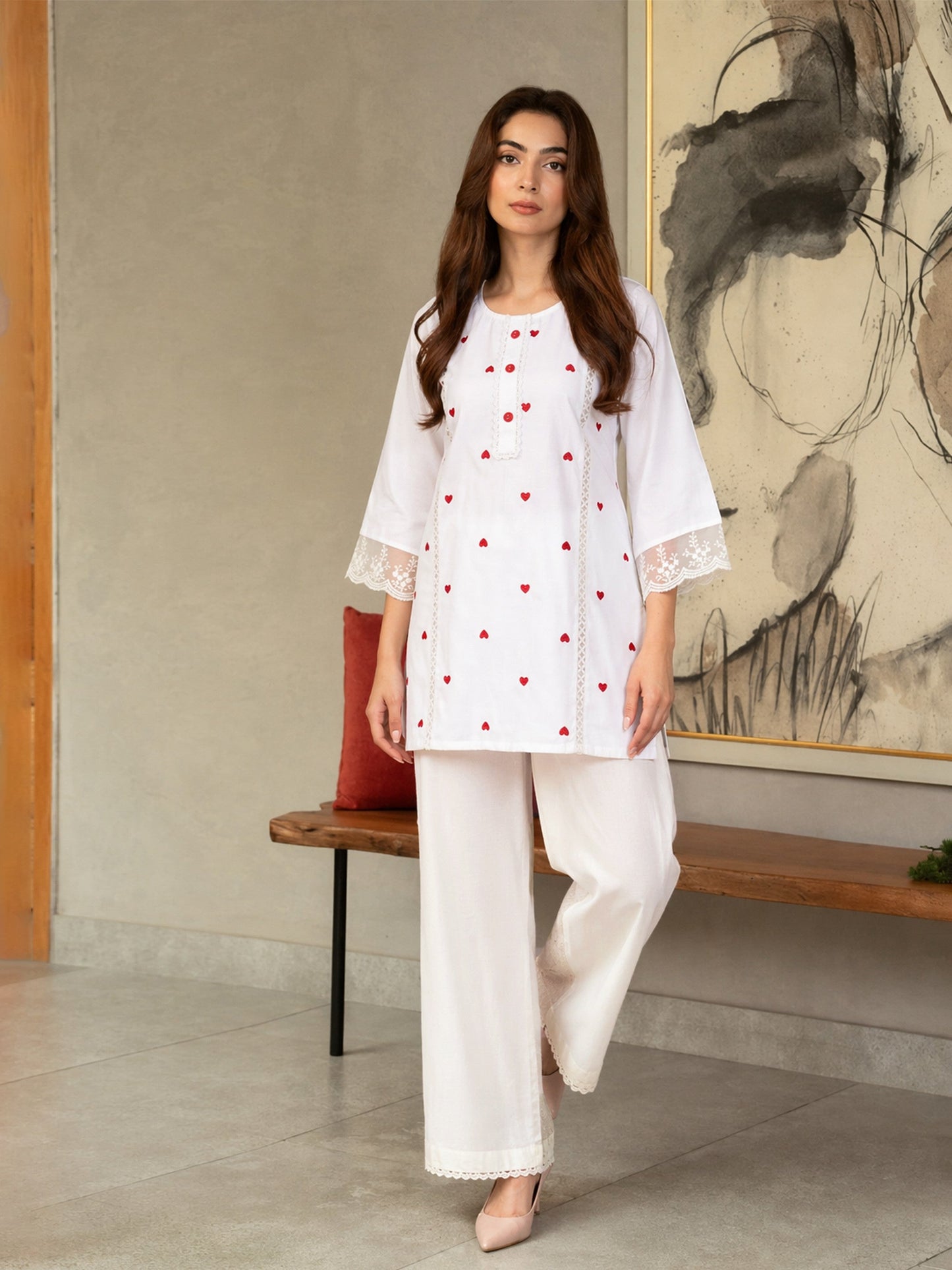 White Heart Embroidery Short Kurta With Straight Pants