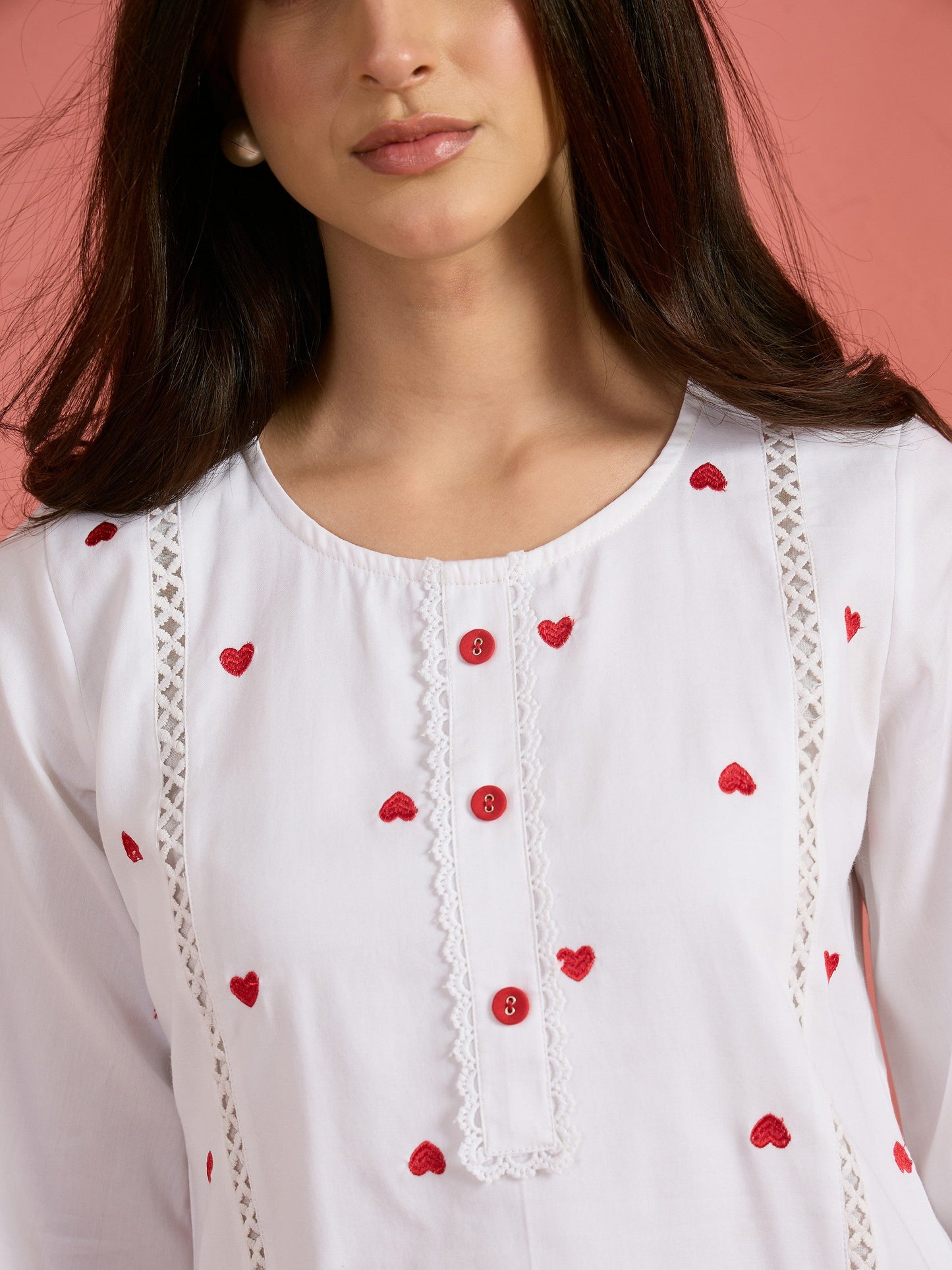 White Heart Embroidery Short Kurta With Straight Pants