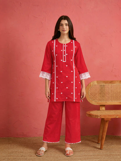 Red Heart Embroidery Short Kurta With Straight Pants