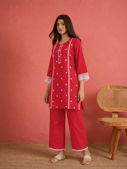 Red Heart Embroidery Short Kurta With Straight Pants