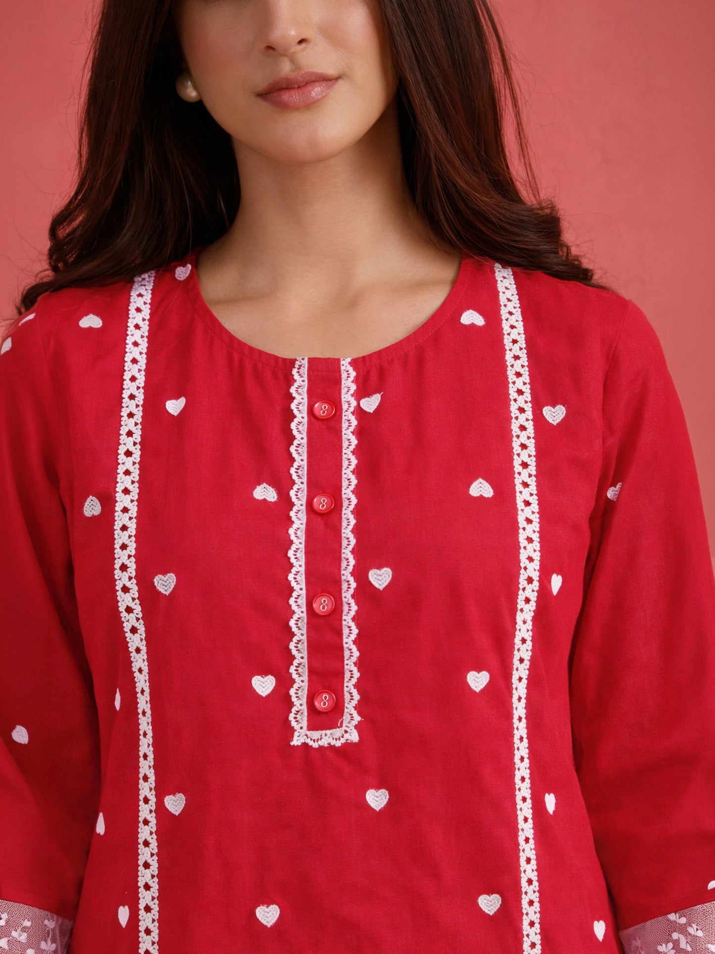 Red Heart Embroidery Short Kurta With Straight Pants