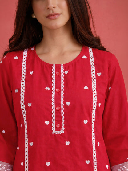 Red Heart Embroidery Short Kurta With Straight Pants