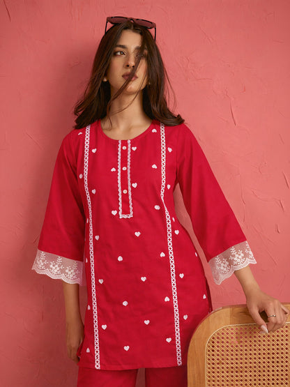 Red Heart Embroidery Short Kurta With Straight Pants