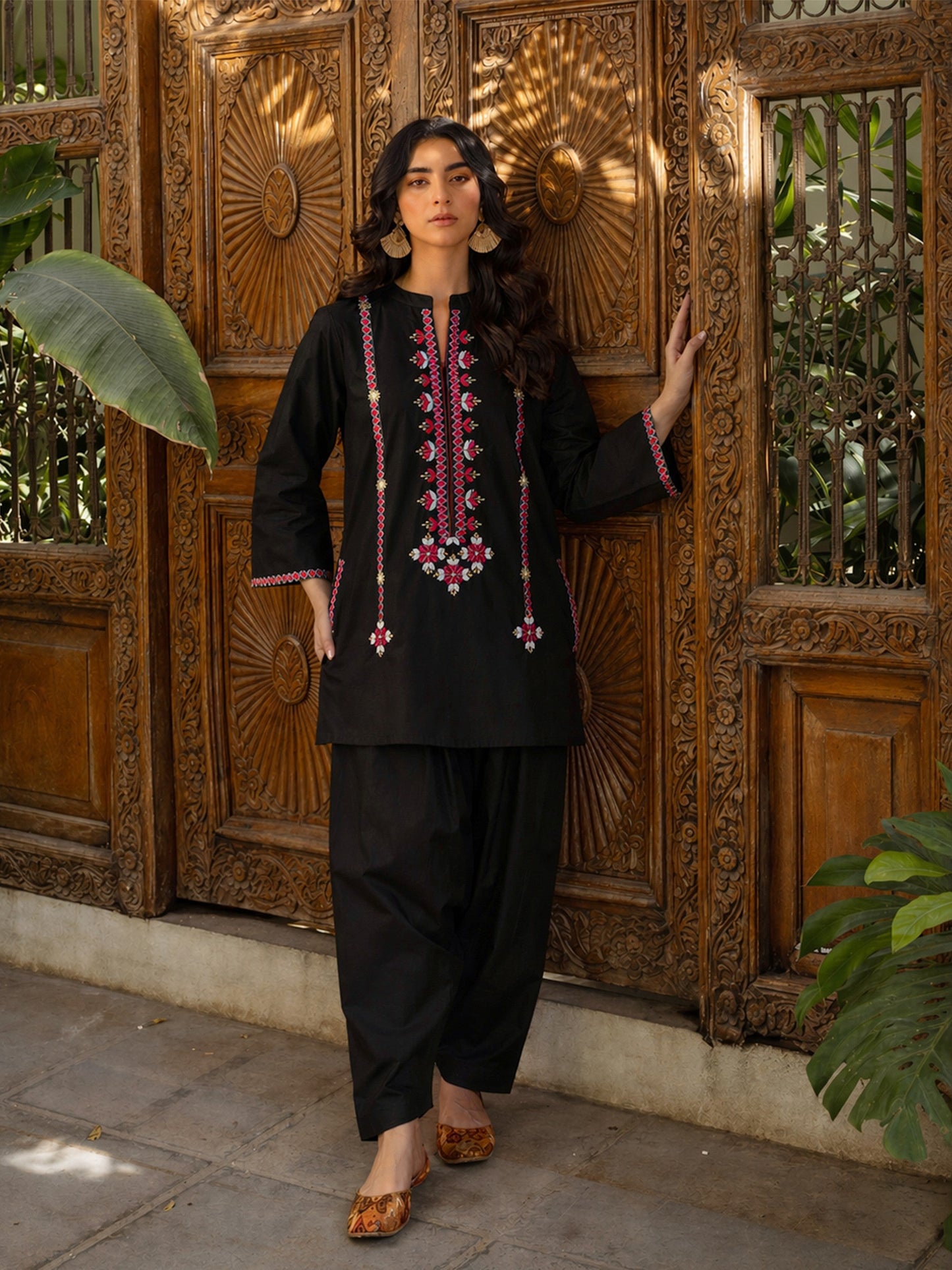 Black Embroidered Short Kurta With Farshi Salwar