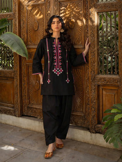 Black Embroidered Short Kurta With Farshi Salwar
