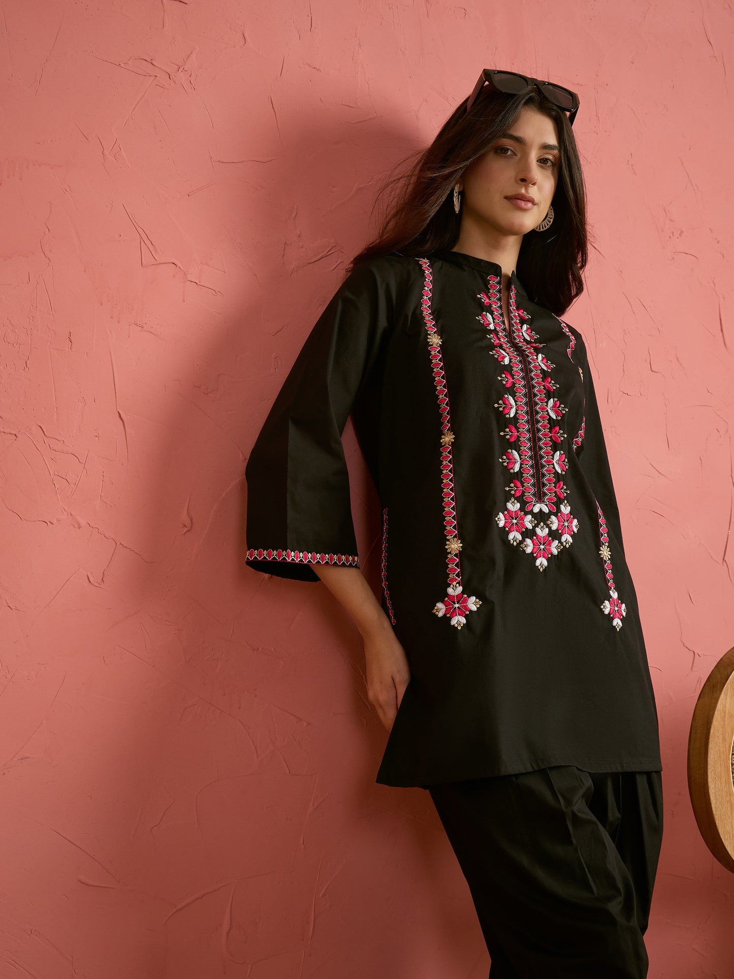 Black Embroidered Short Kurta With Farshi Salwar