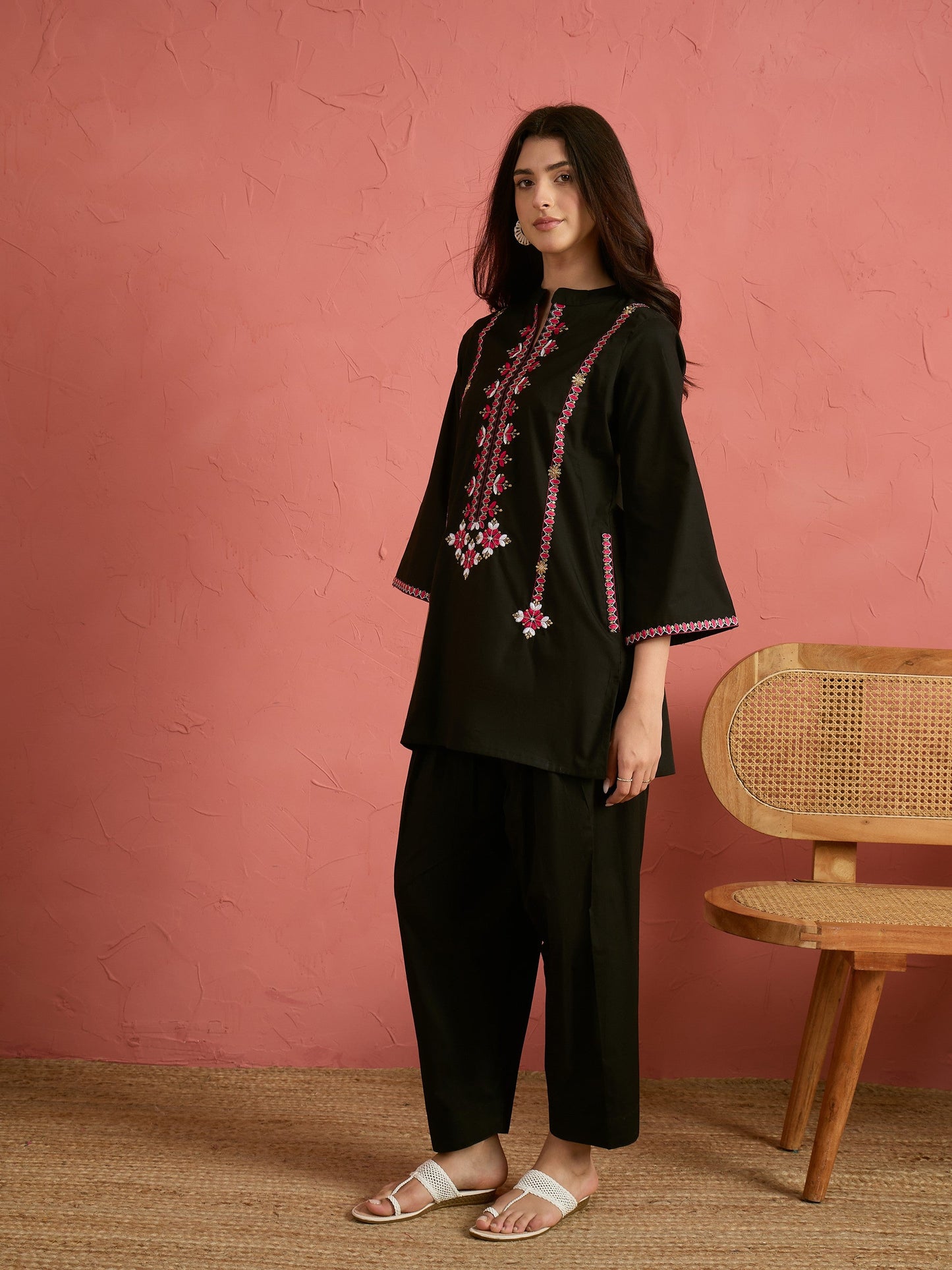 Black Embroidered Short Kurta With Farshi Salwar