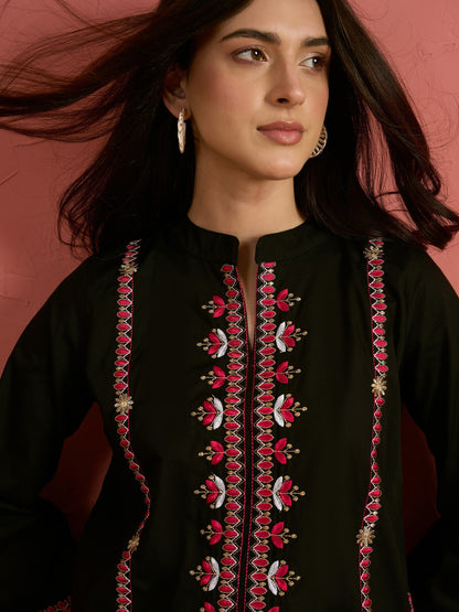 Black Embroidered Short Kurta With Farshi Salwar