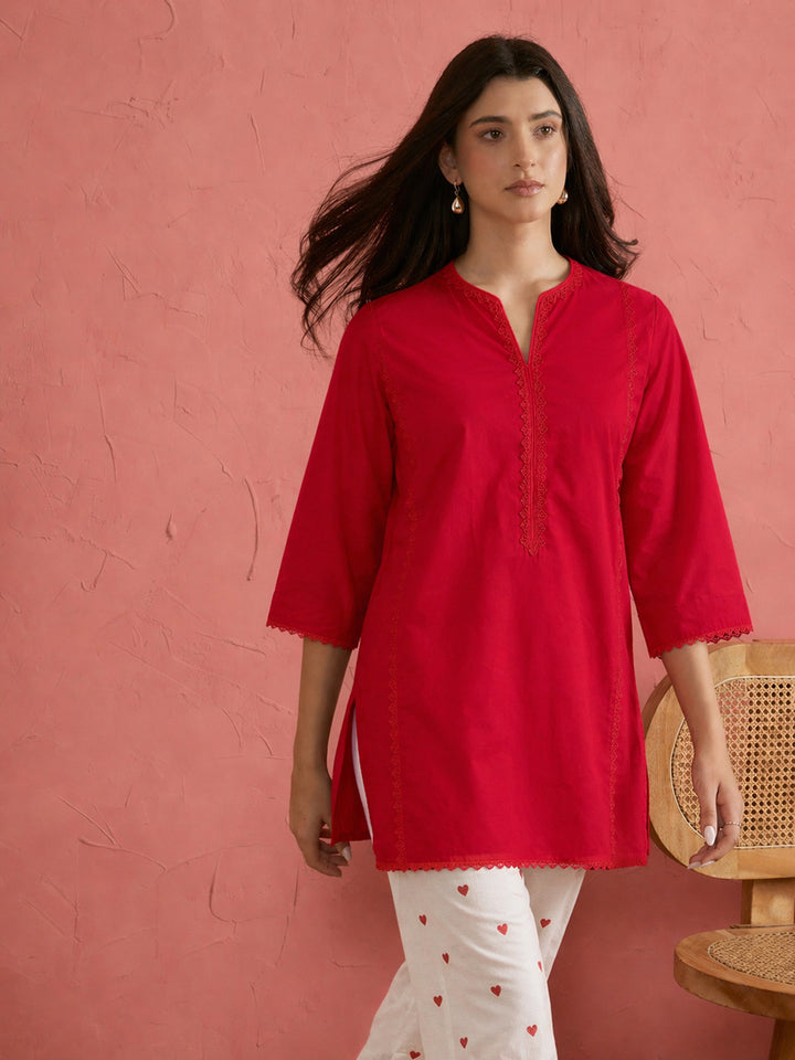 Red Solid Short Kurta With Heart Print Farshi Salwar