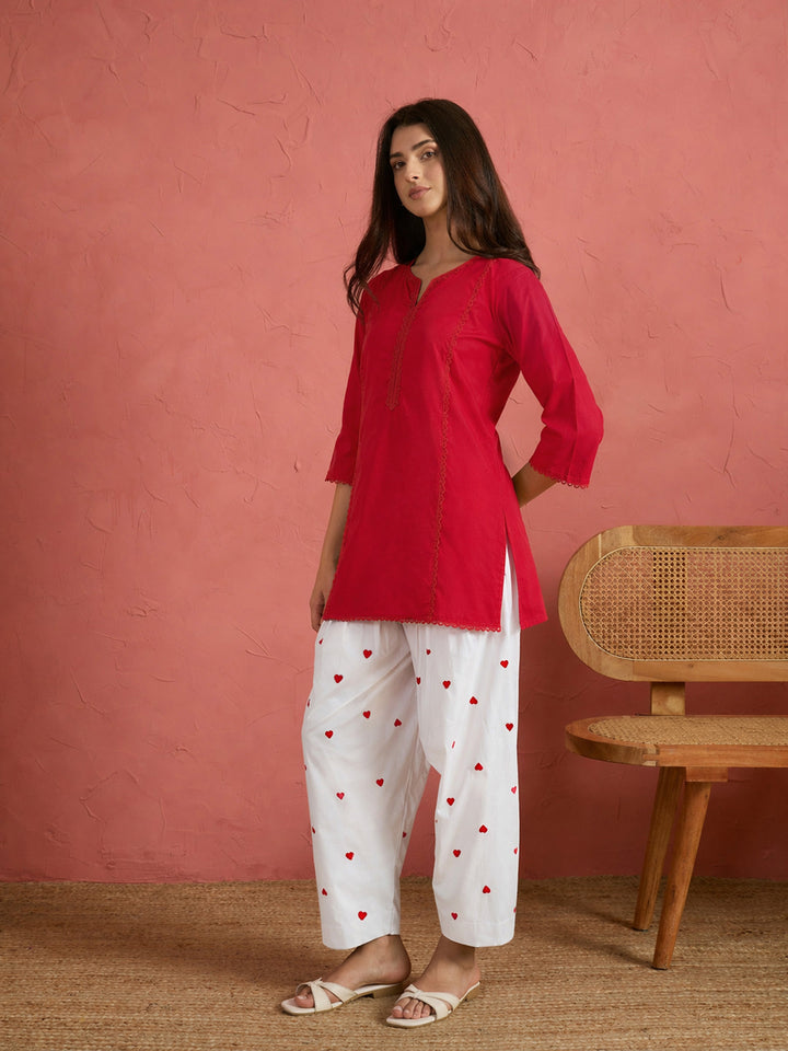 Red Solid Short Kurta With Heart Print Farshi Salwar