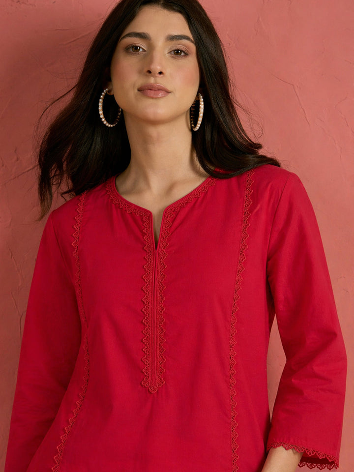 Red Solid Short Kurta With Heart Print Farshi Salwar