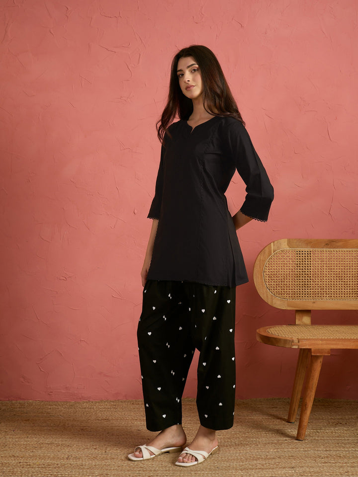 Black Solid Short Kurta With Heart Print Farshi Salwar