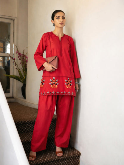 Red Embroidered Short Kurta With Farshi Salwar