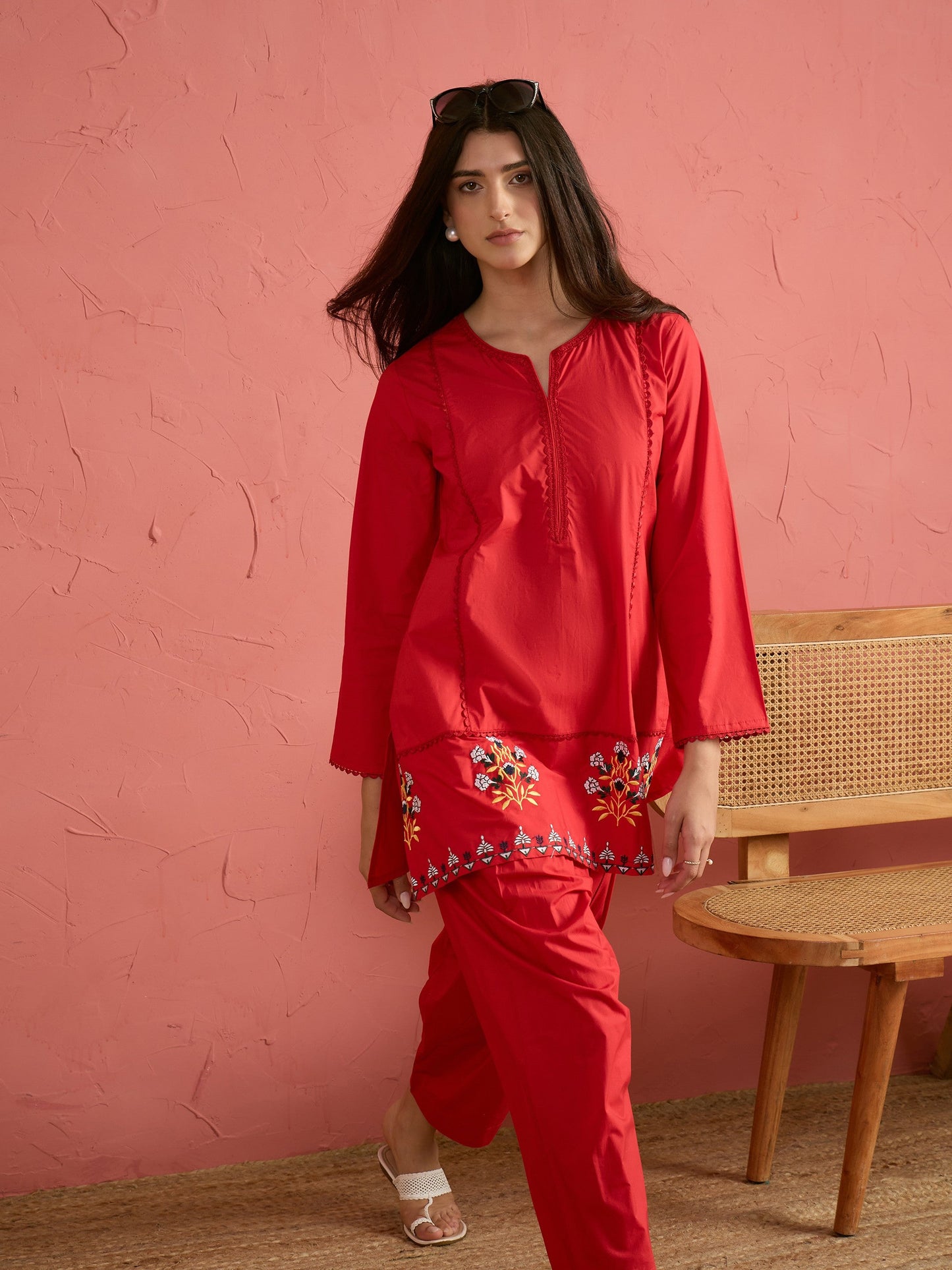 Red Embroidered Short Kurta With Farshi Salwar