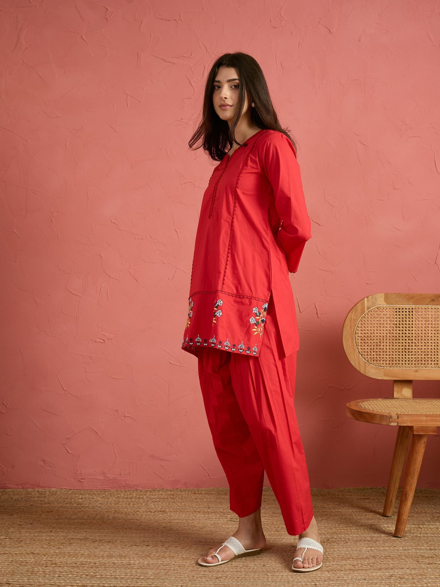 Red Embroidered Short Kurta With Farshi Salwar