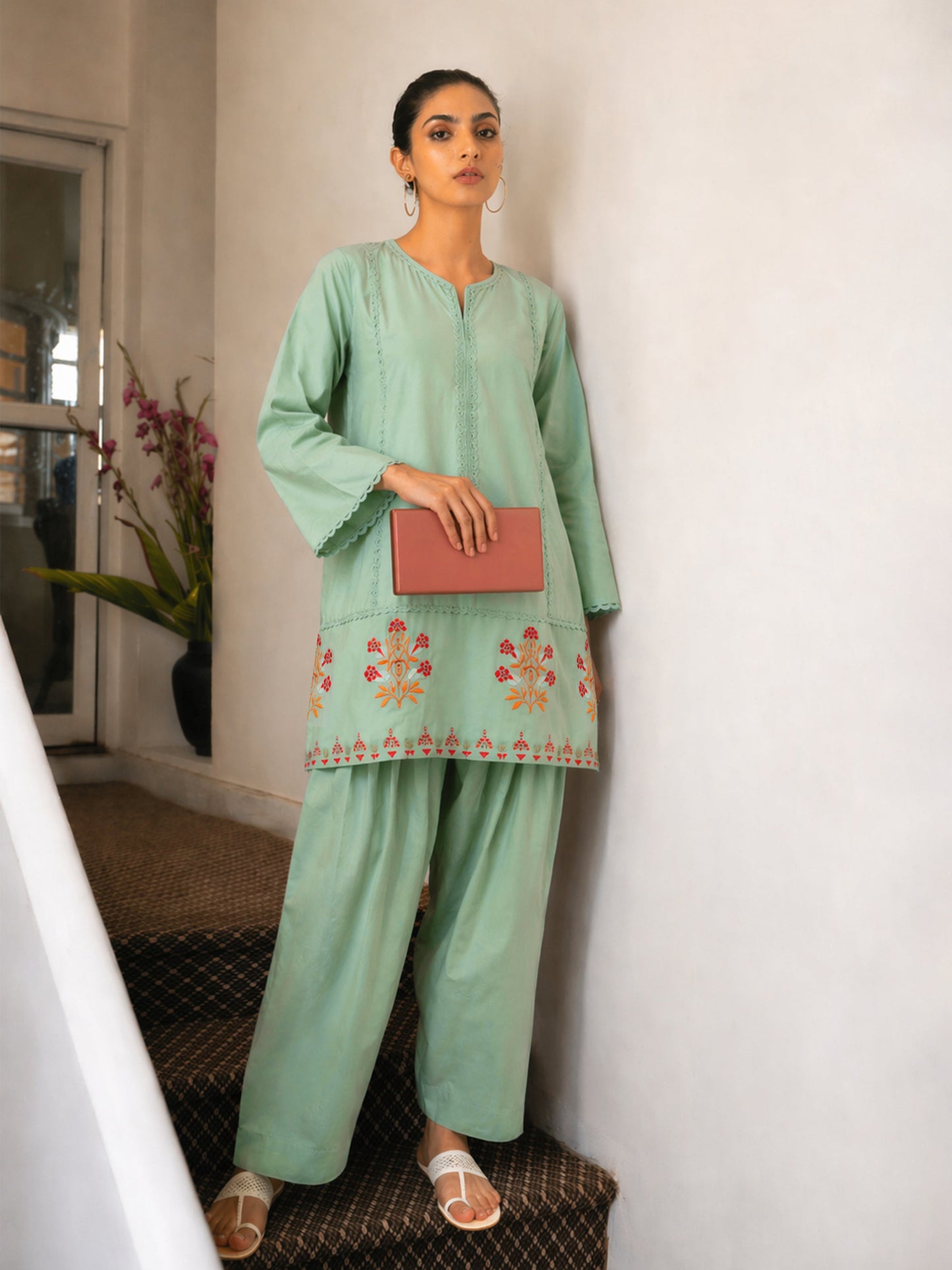 Sea Green Embroidered Short Kurta With Farshi Salwar