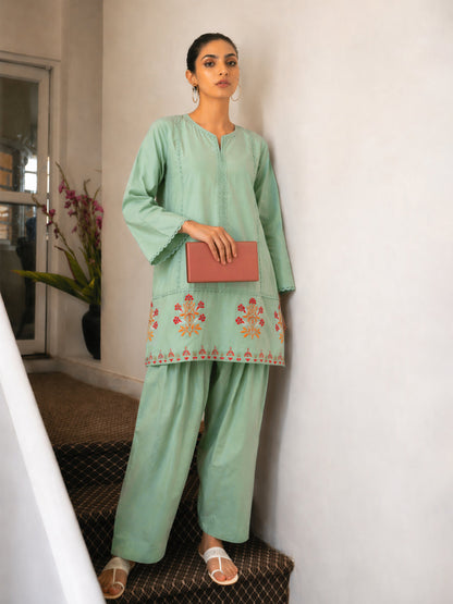 Sea Green Embroidered Short Kurta With Farshi Salwar