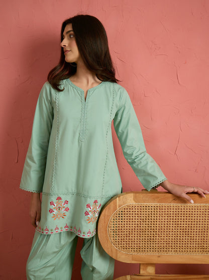 Sea Green Embroidered Short Kurta With Farshi Salwar