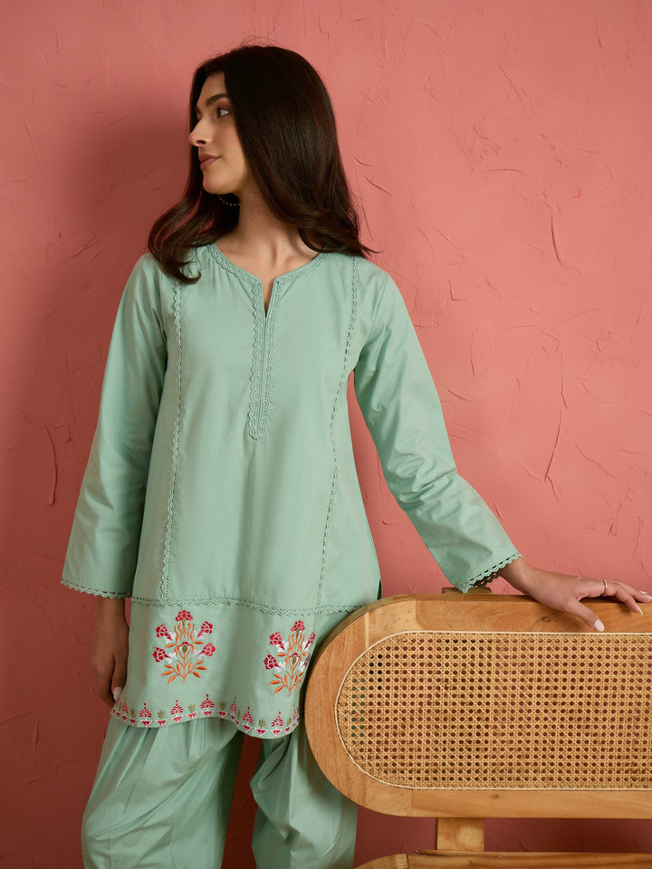 Sea Green Embroidered Short Kurta With Farshi Salwar
