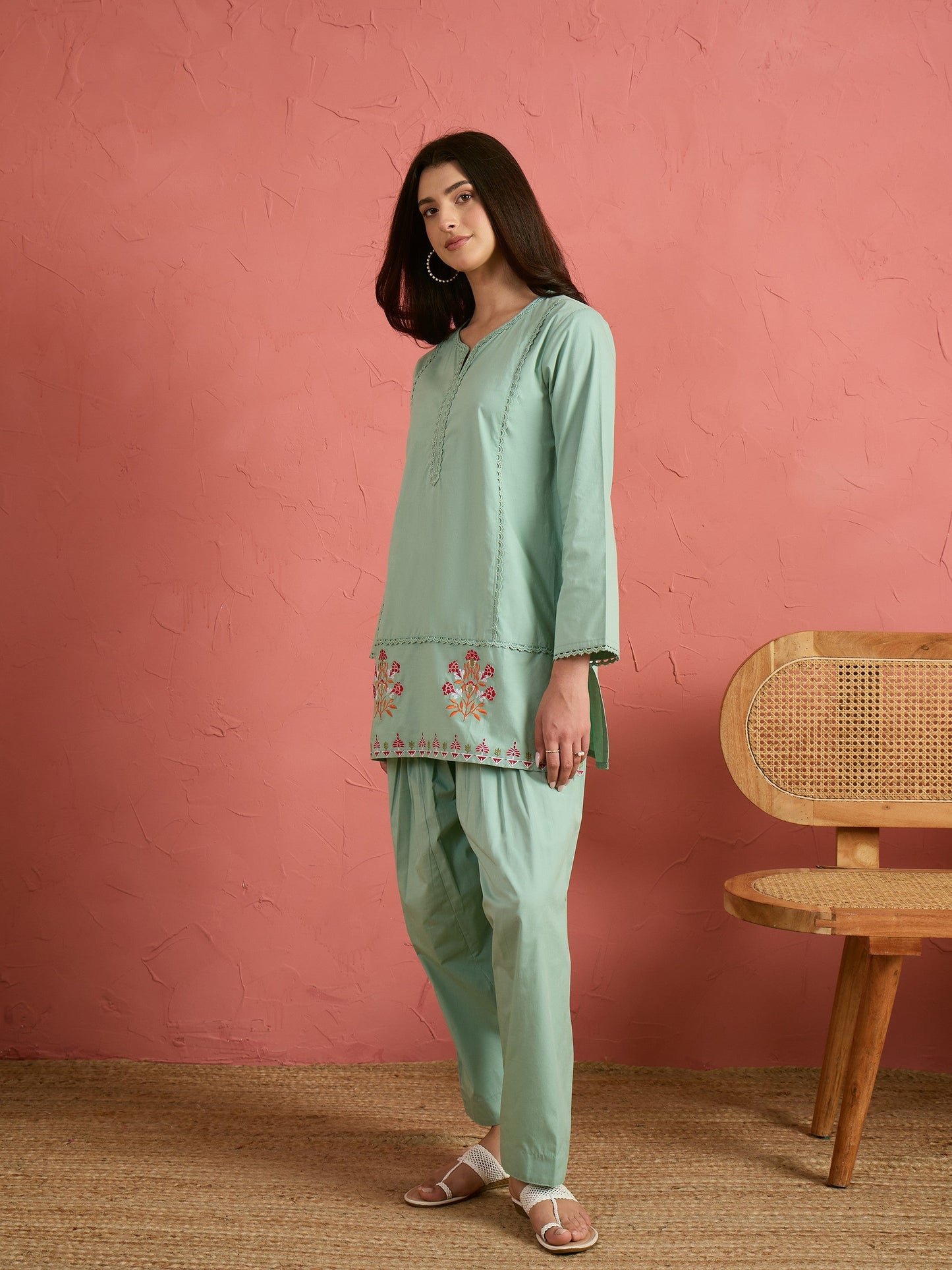 Sea Green Embroidered Short Kurta With Farshi Salwar
