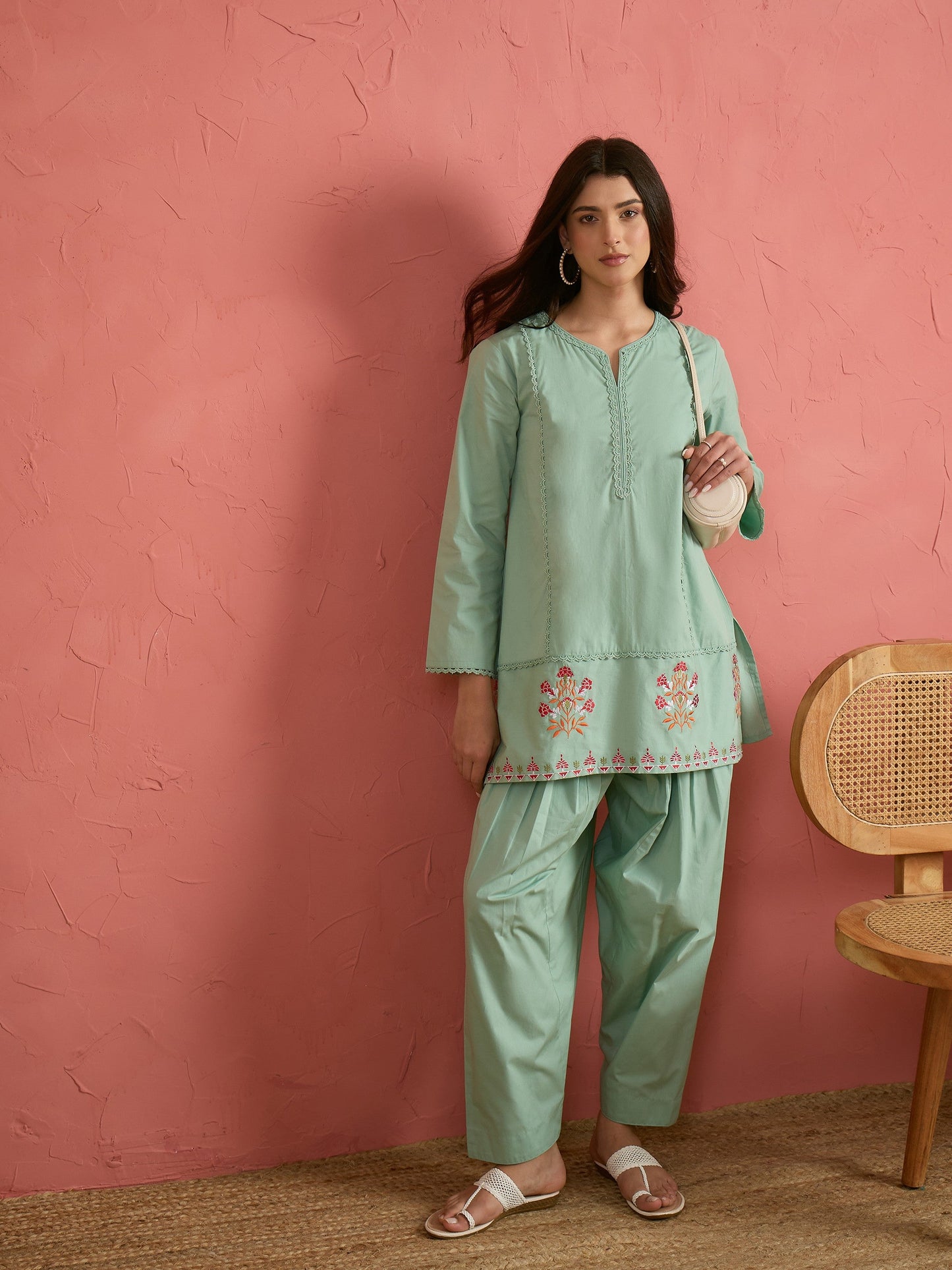 Sea Green Embroidered Short Kurta With Farshi Salwar