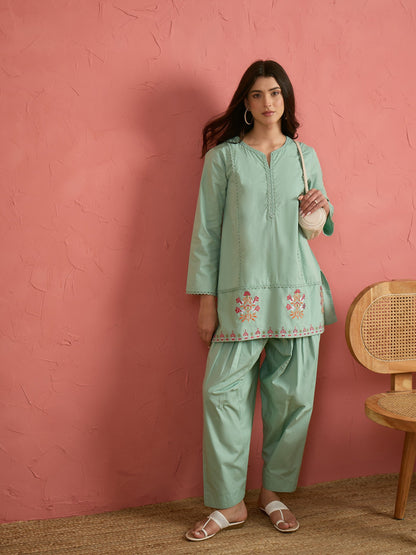 Sea Green Embroidered Short Kurta With Farshi Salwar