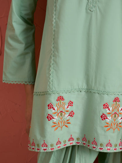 Sea Green Embroidered Short Kurta With Farshi Salwar
