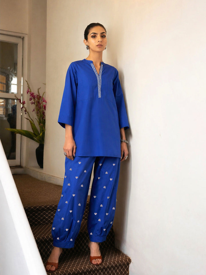 Royal Blue Embroidered Short Kurta With Straight Pants