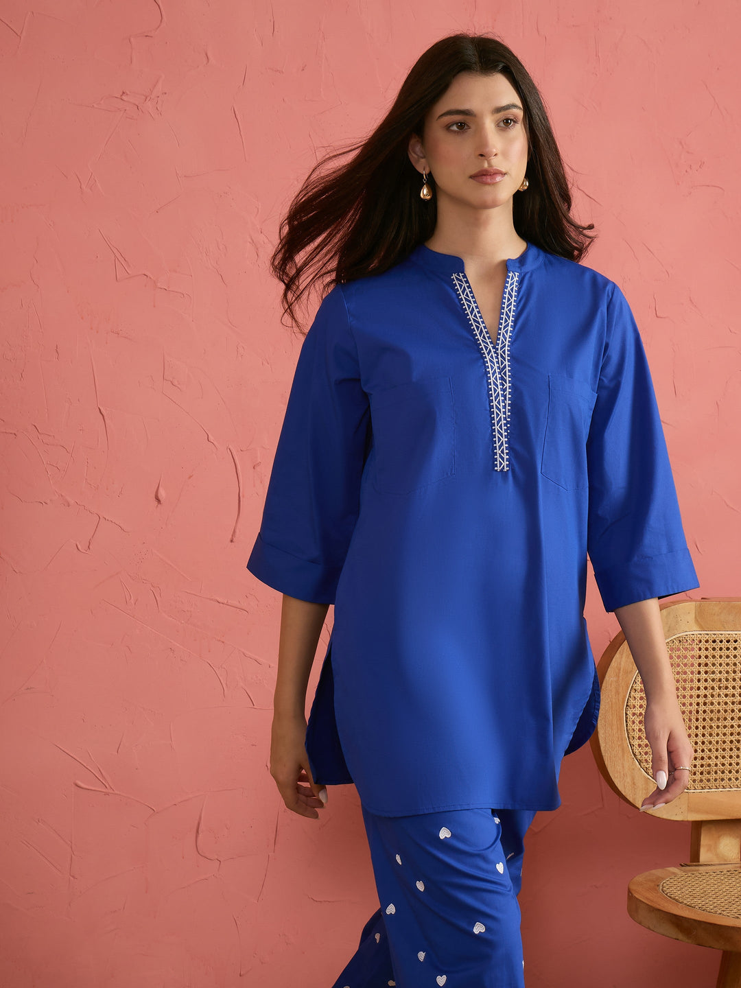 Royal Blue Embroidered Short Kurta With Straight Pants