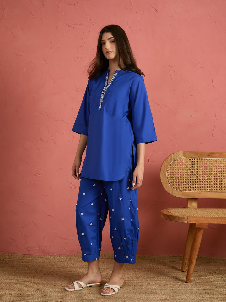 Royal Blue Embroidered Short Kurta With Straight Pants