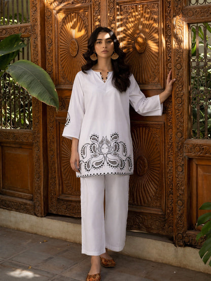 White Cut Work Short Kurta With Straight Pants