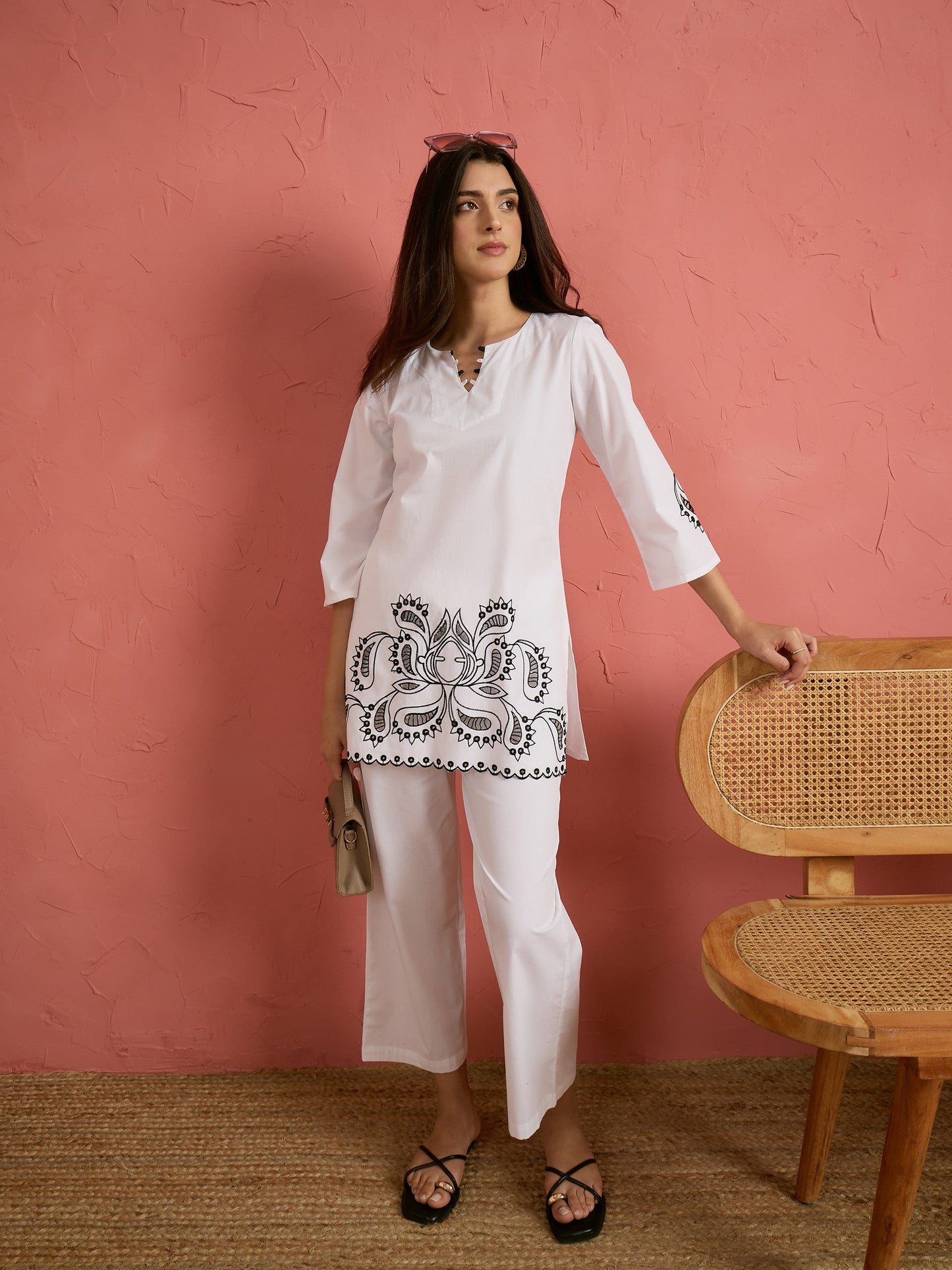 White Cut Work Short Kurta With Straight Pants