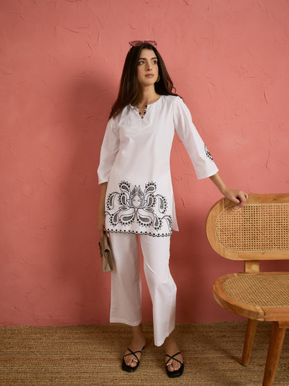 White Cut Work Short Kurta With Straight Pants