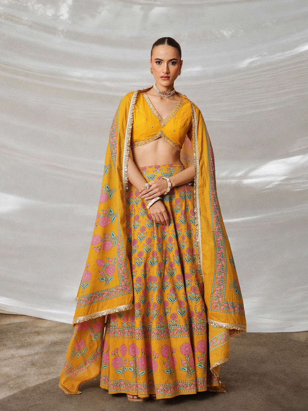 Women Yellow Embroidered Crop Top With Anarkali Skirt &amp; Dupatta