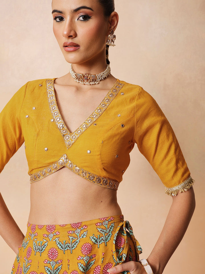 Women Yellow Embroidered Crop Top With Anarkali Skirt &amp; Dupatta