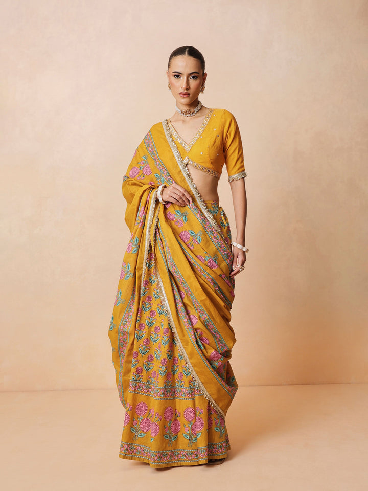 Women Yellow Embroidered Crop Top With Anarkali Skirt &amp; Dupatta