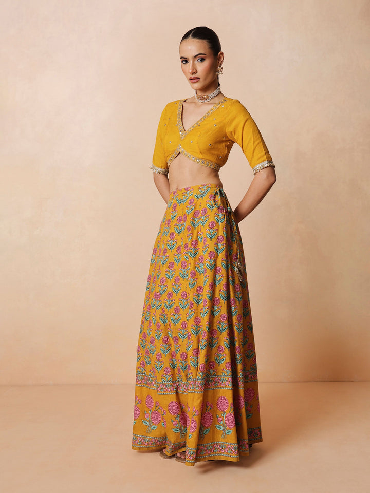 Women Yellow Embroidered Crop Top With Anarkali Skirt &amp; Dupatta