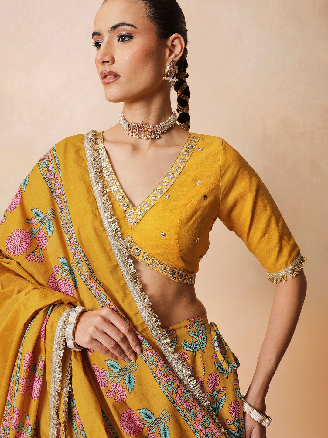 Women Yellow Embroidered Crop Top With Anarkali Skirt &amp; Dupatta