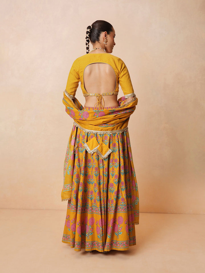 Women Yellow Embroidered Crop Top With Anarkali Skirt &amp; Dupatta