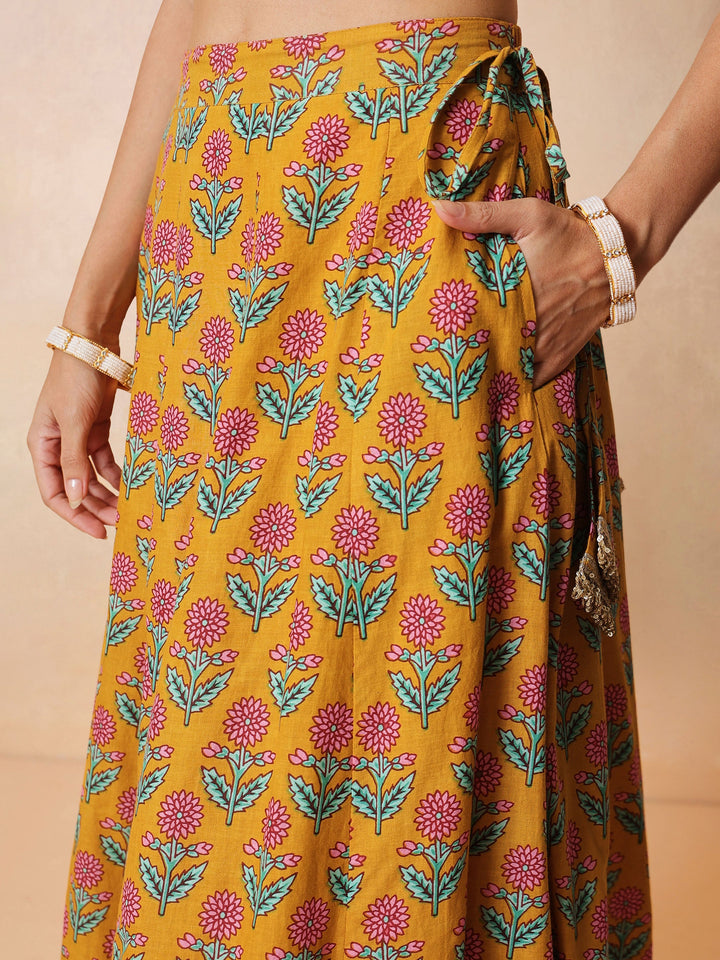 Women Yellow Embroidered Crop Top With Anarkali Skirt &amp; Dupatta