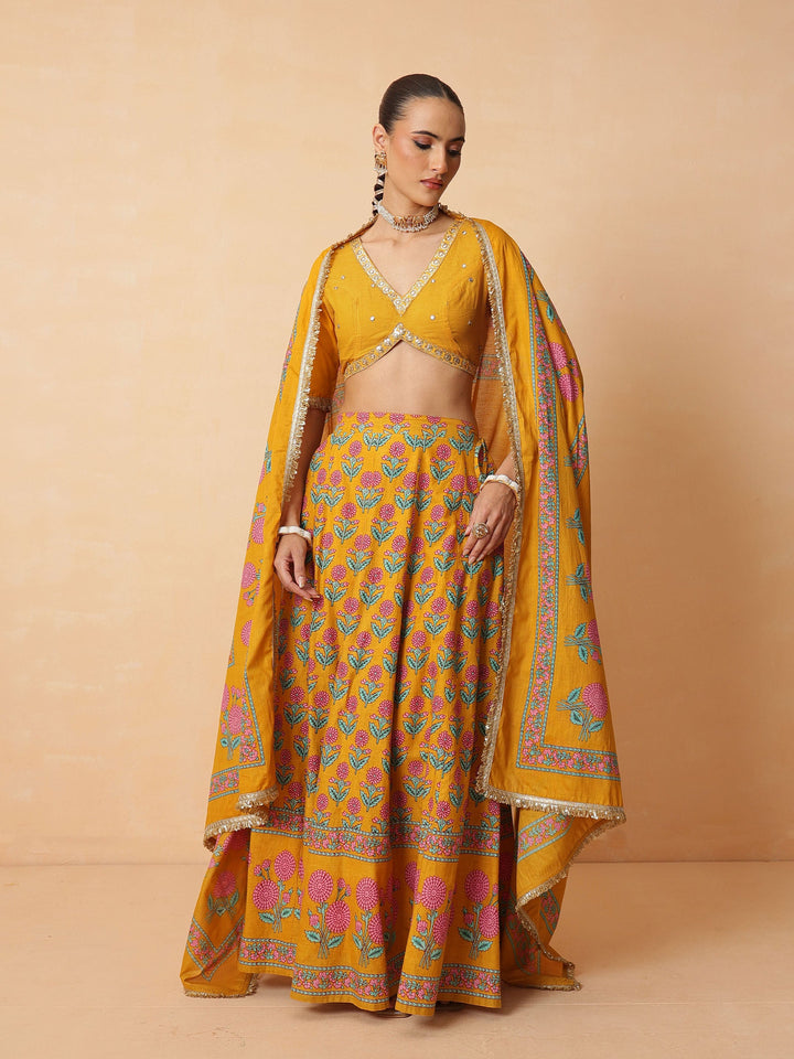 Women Yellow Embroidered Crop Top With Anarkali Skirt &amp; Dupatta