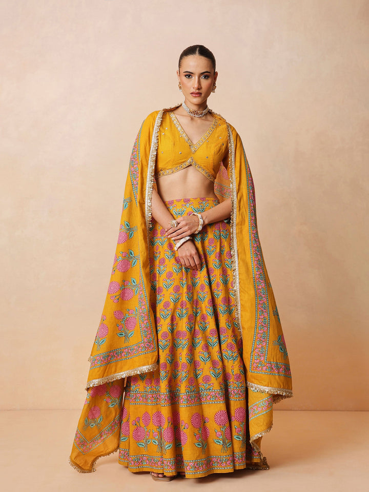 Women Yellow Embroidered Crop Top With Anarkali Skirt &amp; Dupatta