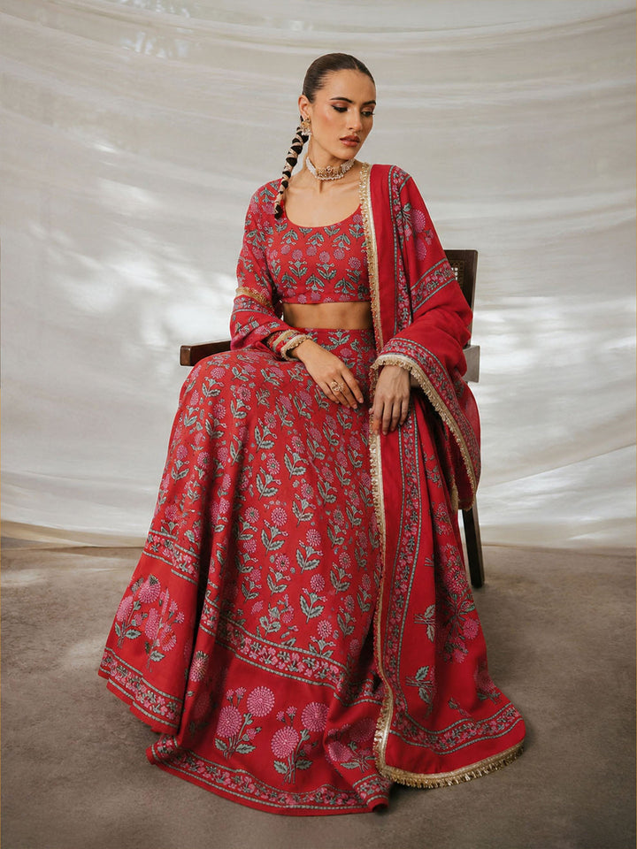 Women Red Floral Round Neck Crop Top With Anarkali Skirt &amp; Dupatta