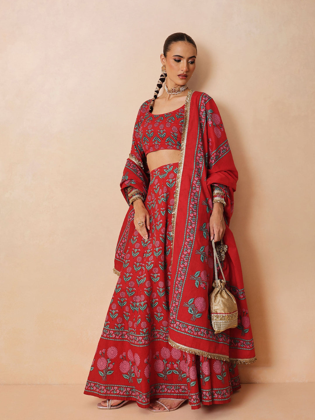 Women Red Floral Round Neck Crop Top With Anarkali Skirt &amp; Dupatta